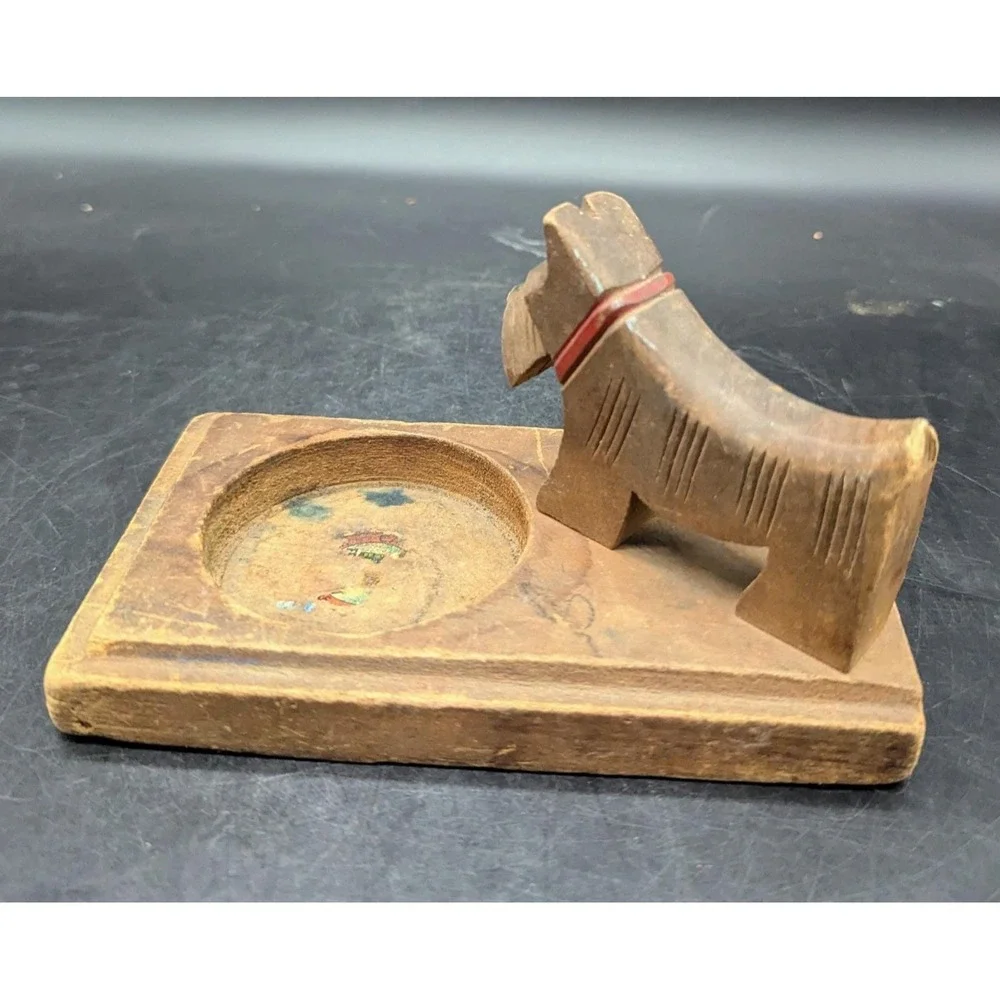 Vintage Hand Carved Wood Wooden Scottie Dog Puppy Ashtray 6.5
